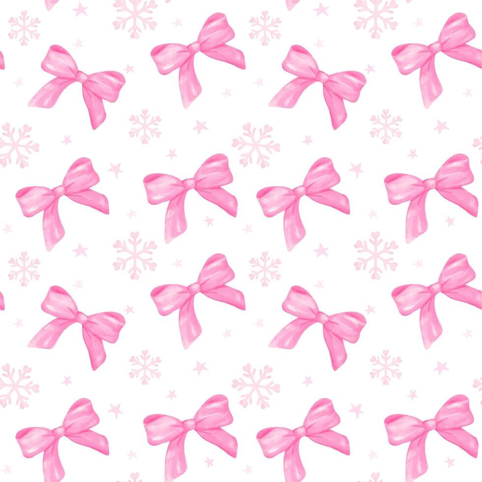 Coquette Christmas pink ribbon bow seamless Pattern watercolor isolated on background. vector