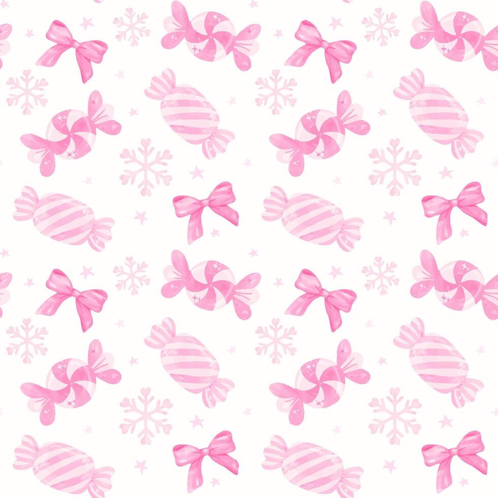 Coquette Christmas pink seamless Pattern candy and snow watercolor isolated on background. vector