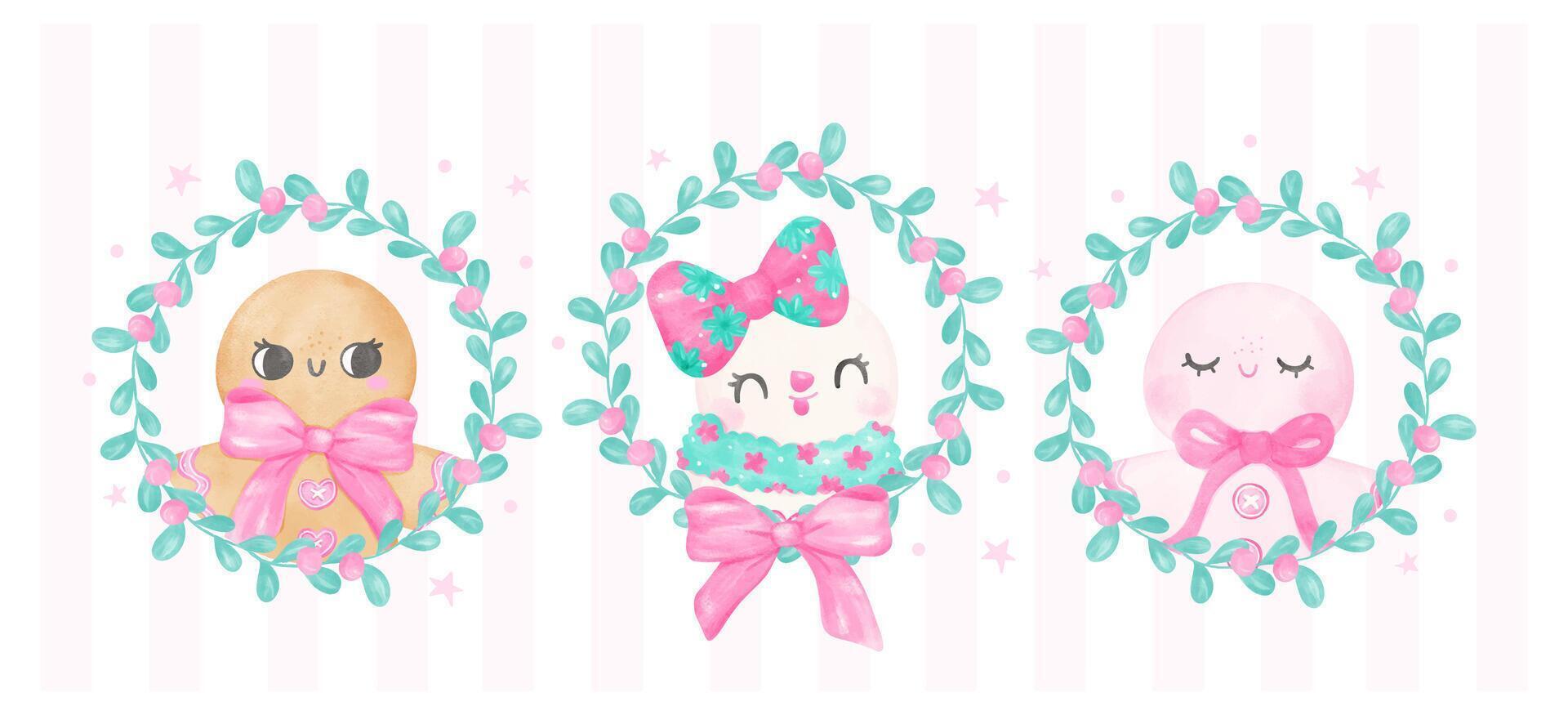 Pink Coquette Christmas banner group of gingerbrad cookie and snow gilr Pastel watercolor hand painting vector