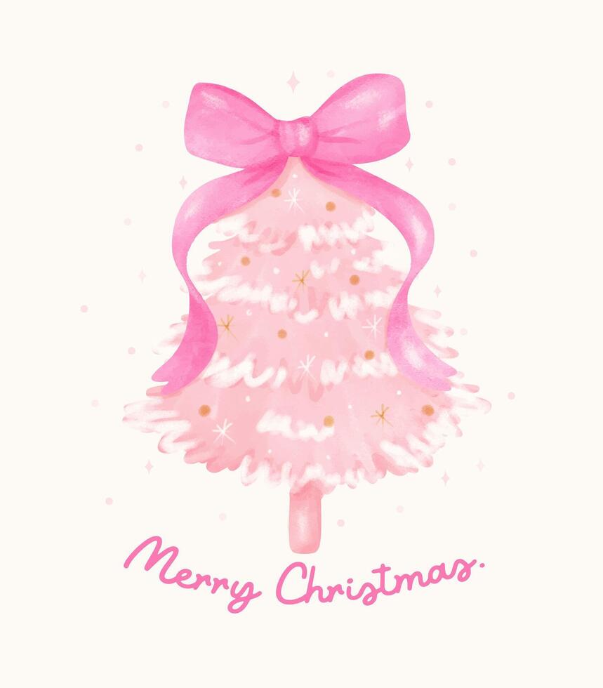 Pink Coquette Christmas tree with ribbon bows Pastel watercolor hand painting vector