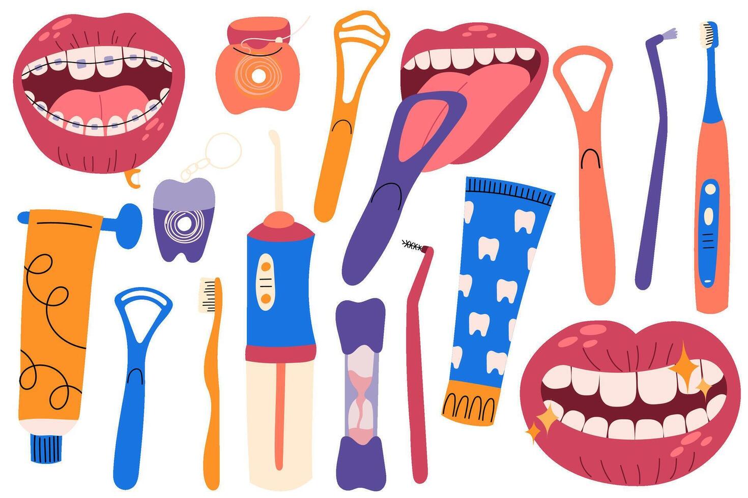 Set of oral hygiene products. Different dental care accessories. Toothbrush, toothpaste, mouthwash, oral irrigator, tongue brush, tongue scraper and dental floss. vector