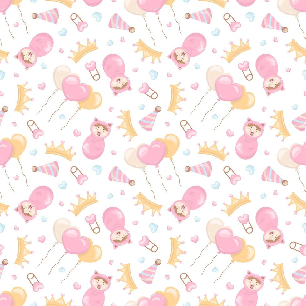 Seamless pattern with baby, heart-shaped balloons, pin, crown, party hat and heart. Ideal for baby clothes, textiles, packaging, web backgrounds, fabrics, wrapping paper, decoration vector