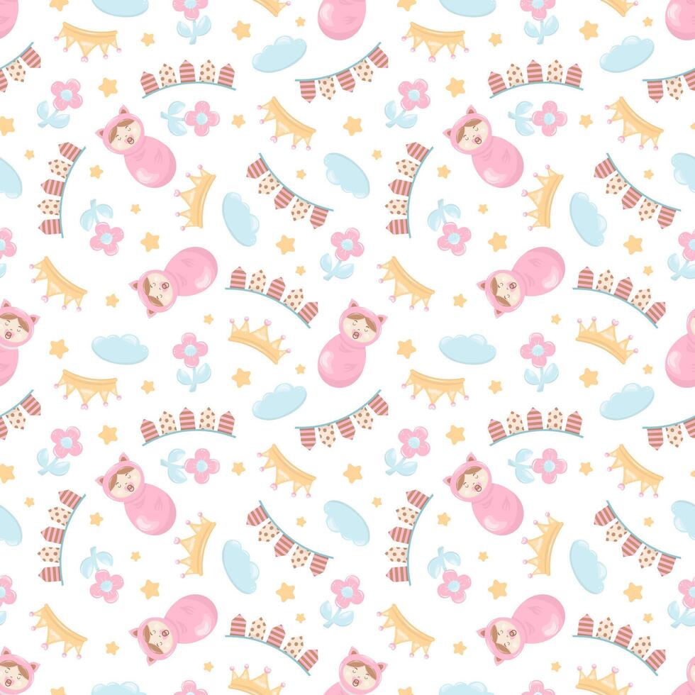 Children's seamless pattern with crown, bunting, sleeping baby, flower, cloud and stars. Ideal for baby clothes, textiles, packaging, web backgrounds, fabrics, wrapping paper, decoration vector