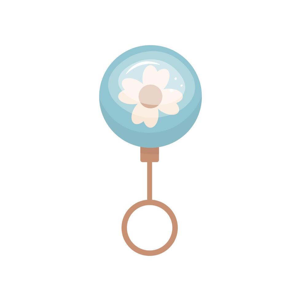 baby rattle in color. Blue color, with a flower print. For kids design. In cartoon style. Stock isolated image on white background. vector