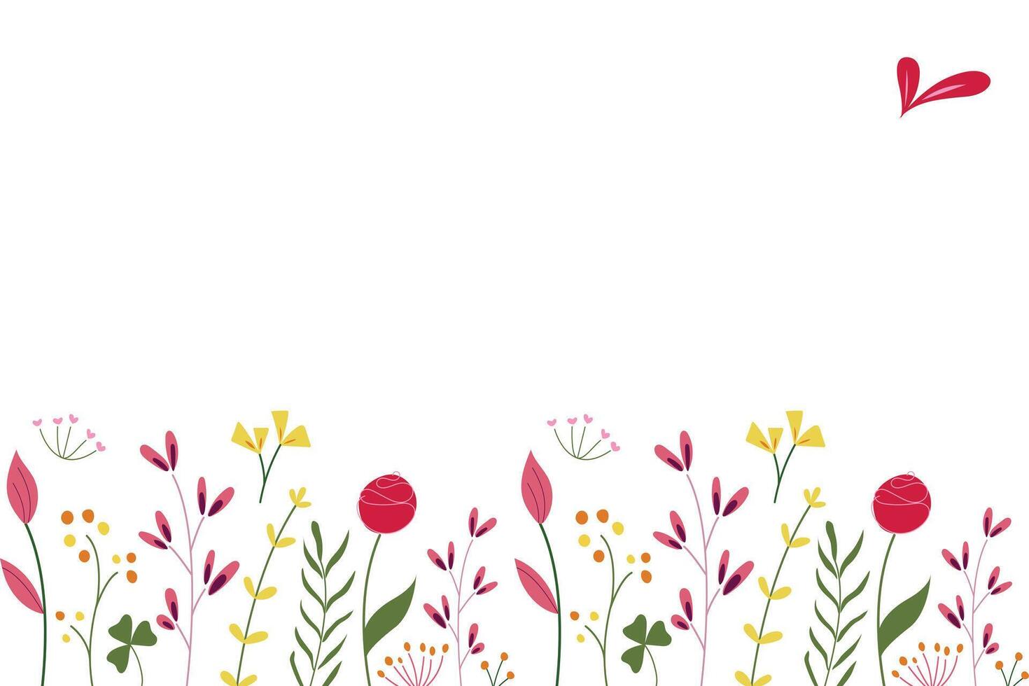 Horizontal white banner. Flat-style summer botanical illustration isolated on a white background. Background with beautiful colorful flowers and leaves. vector