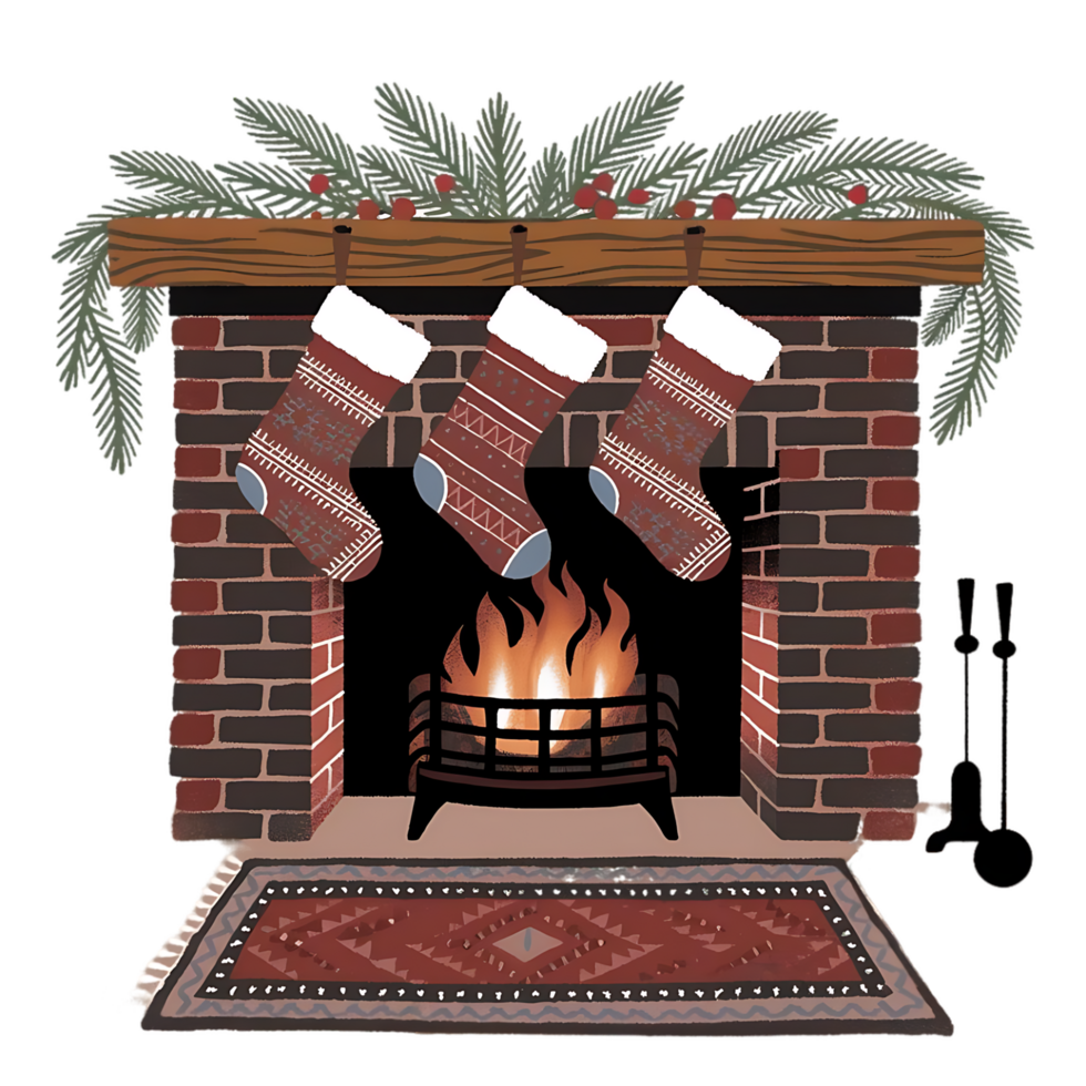 A fireplace with stockings hanging over it png