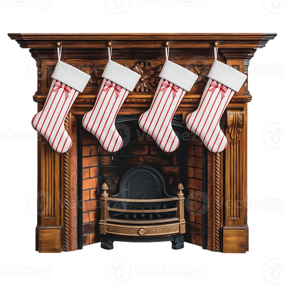 Three stockings hanging from a fireplace png