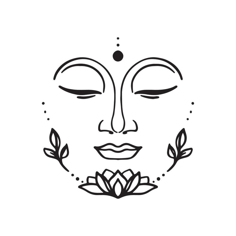 Buddha's face with an opened lotus flower outline illustration. vector