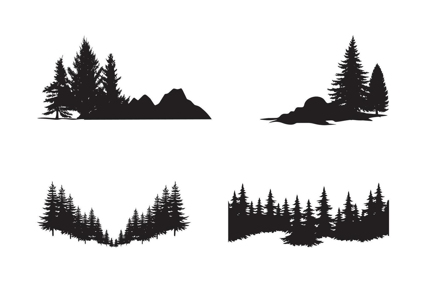 Set of pines on mountain slope silhouette illustration. vector