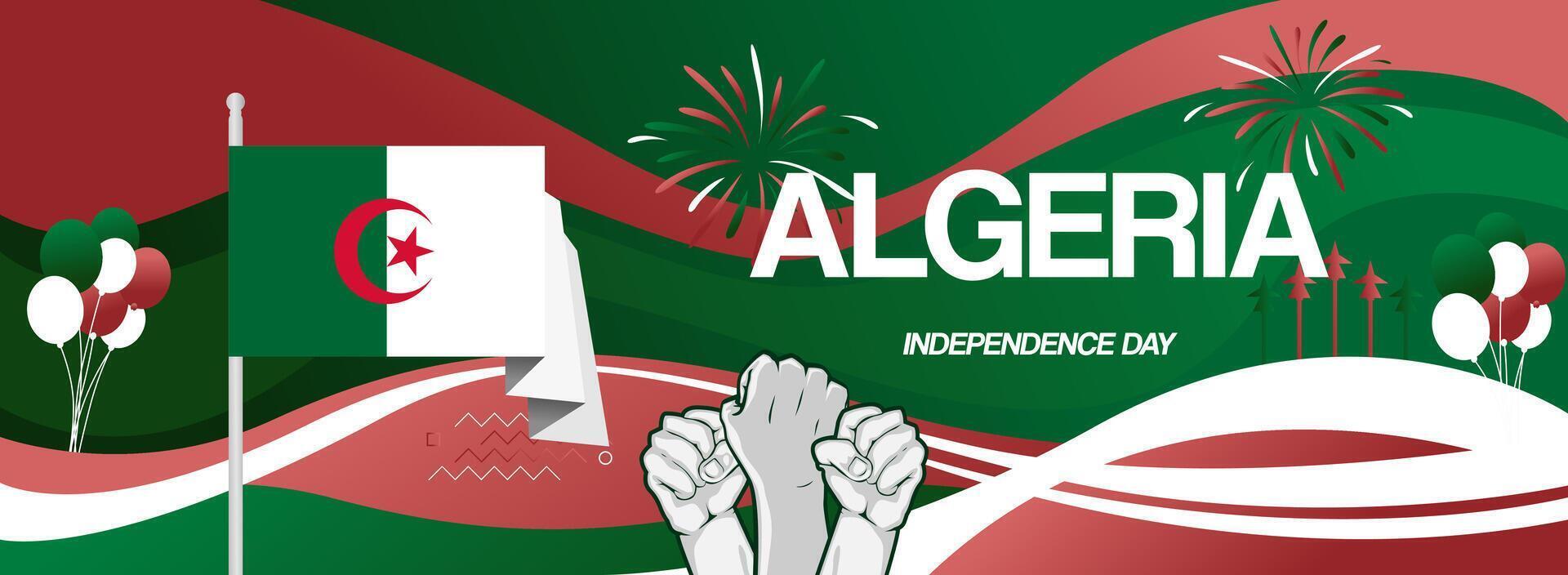 Creative greeting card to celebrate Algerian national day of independence in the colors of the country's flag and raised hands vector