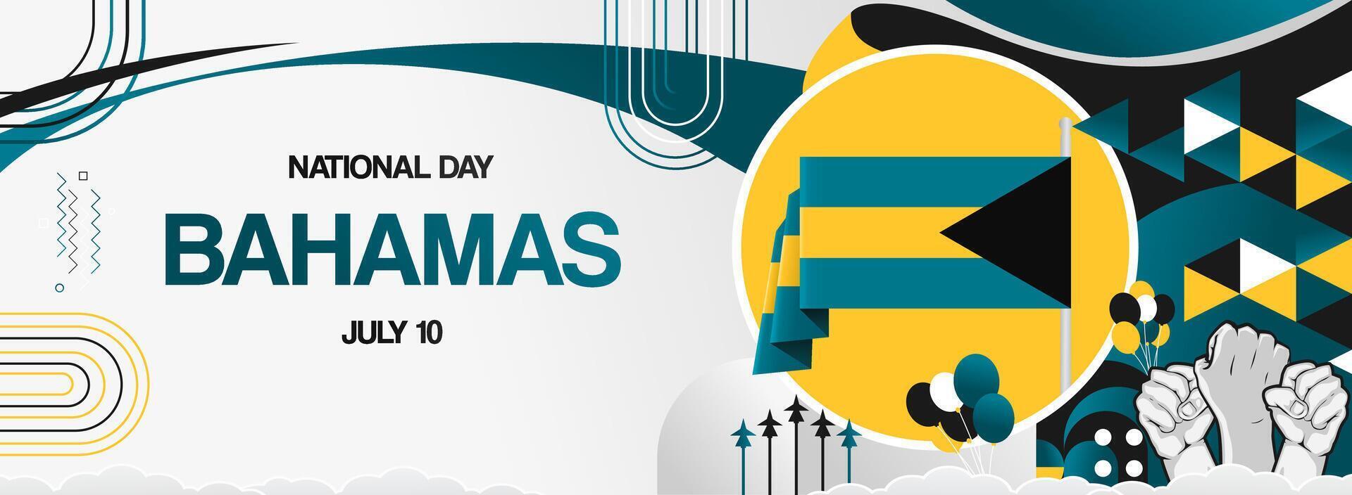 Modern geometric design of Bahamas national day or independence day in flag colors and raised hand symbol vector
