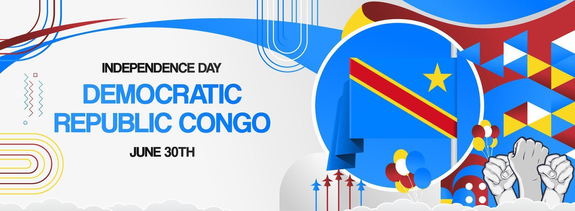Happy Democratic Republic of the Congo Independence Day. Modern greeting card design in geometric theme with Congolese flag vector