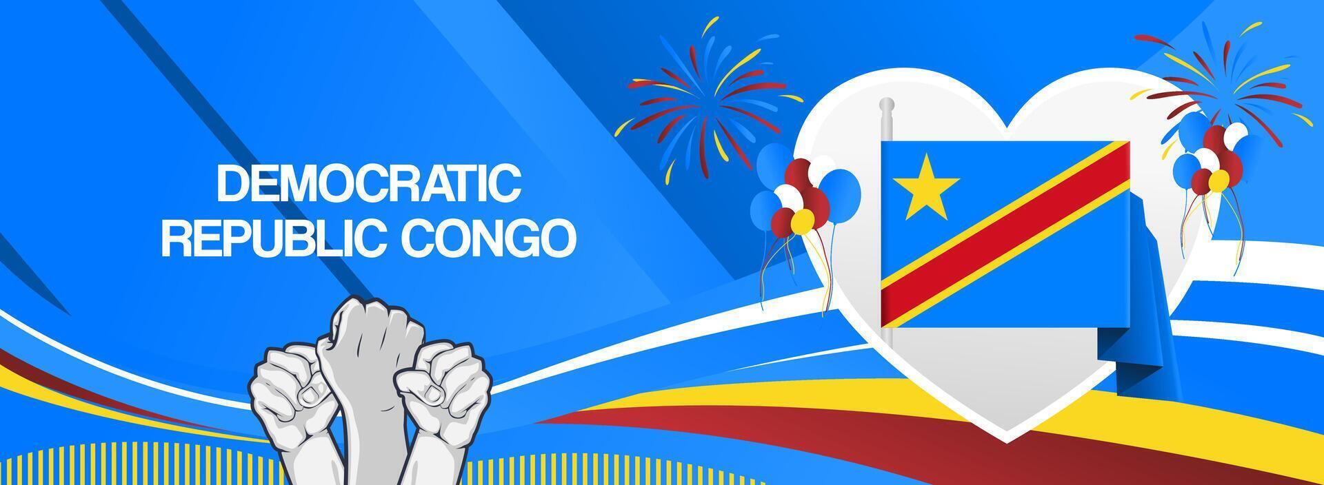 Happy national or independence day of the Democratic Republic of the Congo. Creative greeting card with raised hands and love symbol. vector