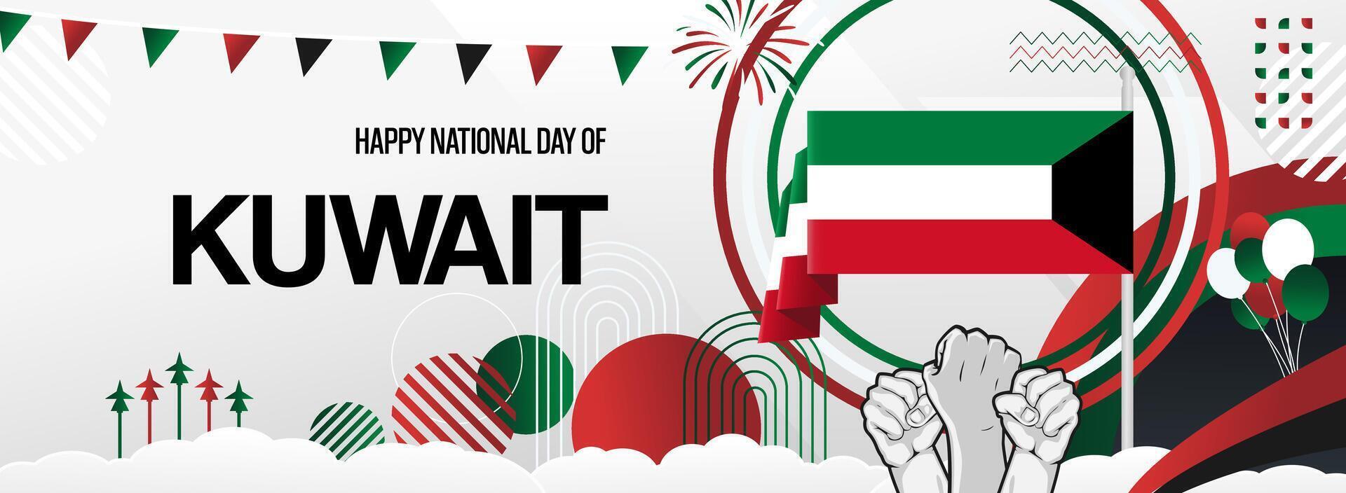 Kuwait national day greeting card design. Creative wide banner to celebrate kuwait's national day with country flag and raised hand symbol. vector