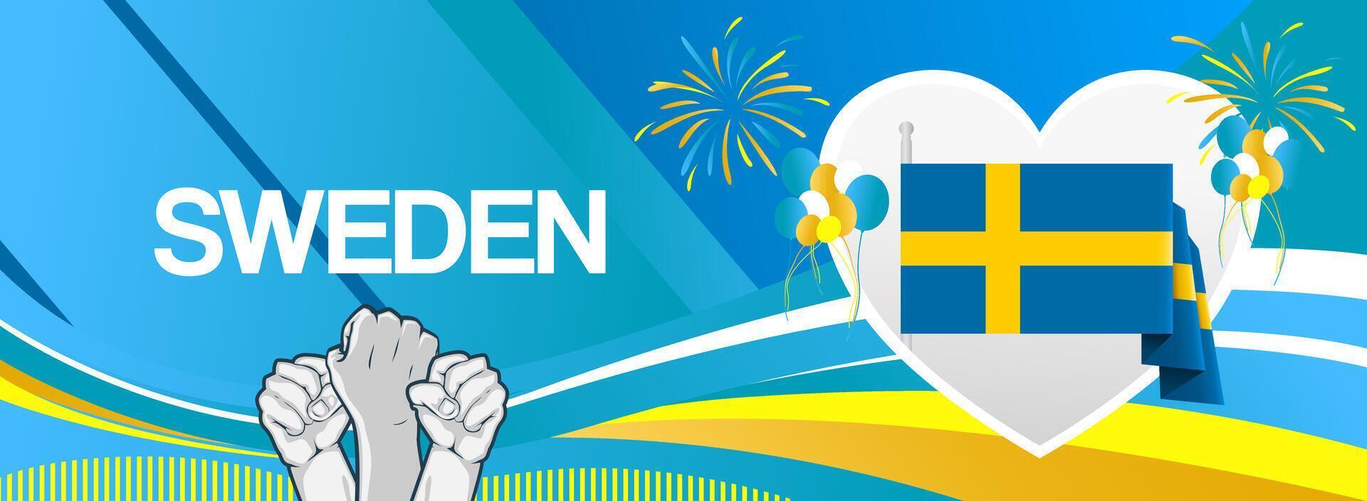 Sweden national day celebration business banner. Modern greeting card with love symbol and raised hands vector