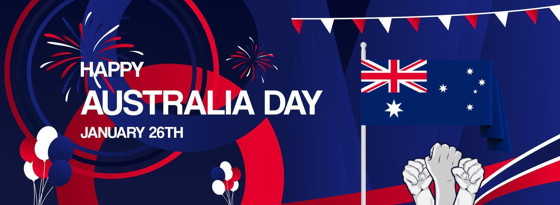 Australia national day banner. Happy Australia day. Modern greeting card with country flag and raised hand symbol. vector