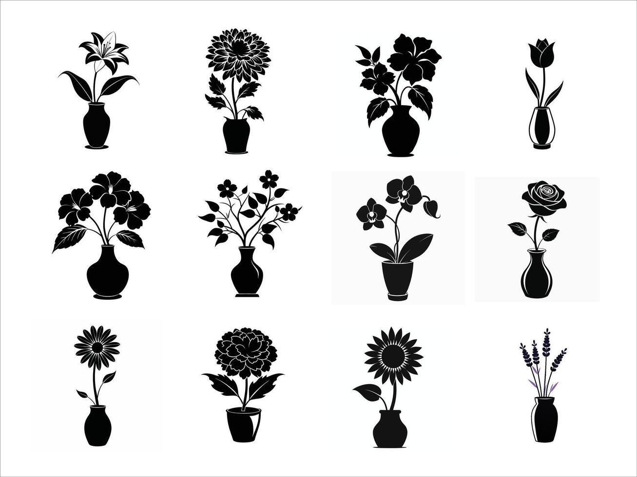 Collection of flowers in vase silhouette sketch isolated. vector