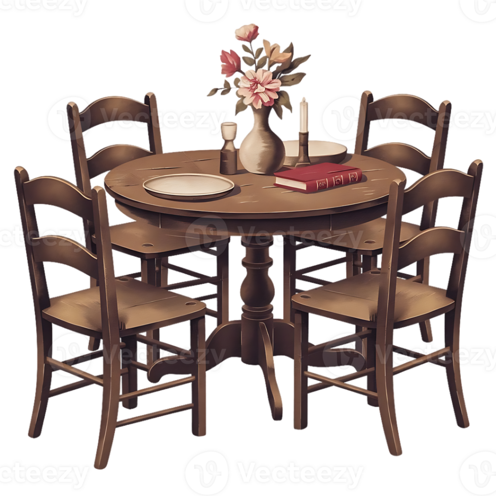 A table with four chairs and a vase of flowers png