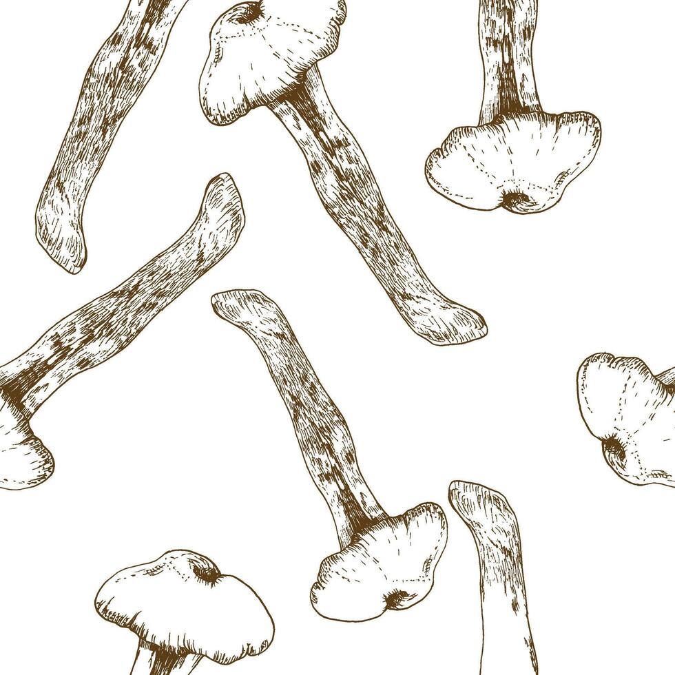 Wild forest mushrooms agaric fungus ink graphics seamless pattern. Eco healthy food, boletus background for seasonal menu, product packing, ingredient design. Recipe book decor vector