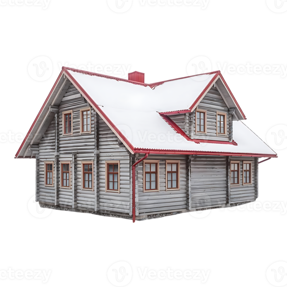 A wooden house with a red roof png