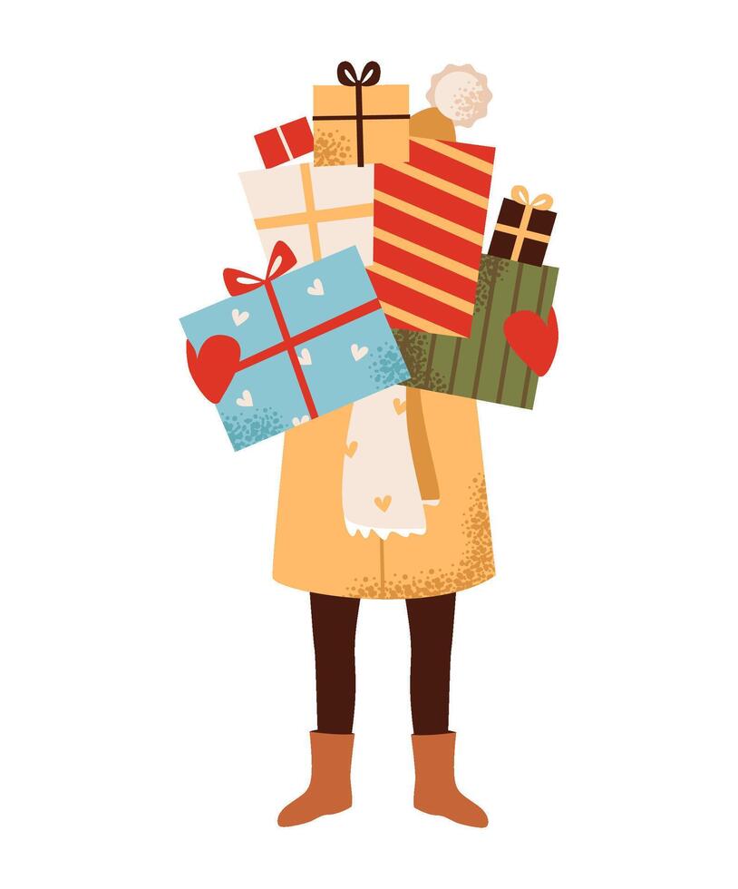 A woman with a stack of gifts in her hands. Holiday character with wrapped surprise boxes. Flat illustration vector