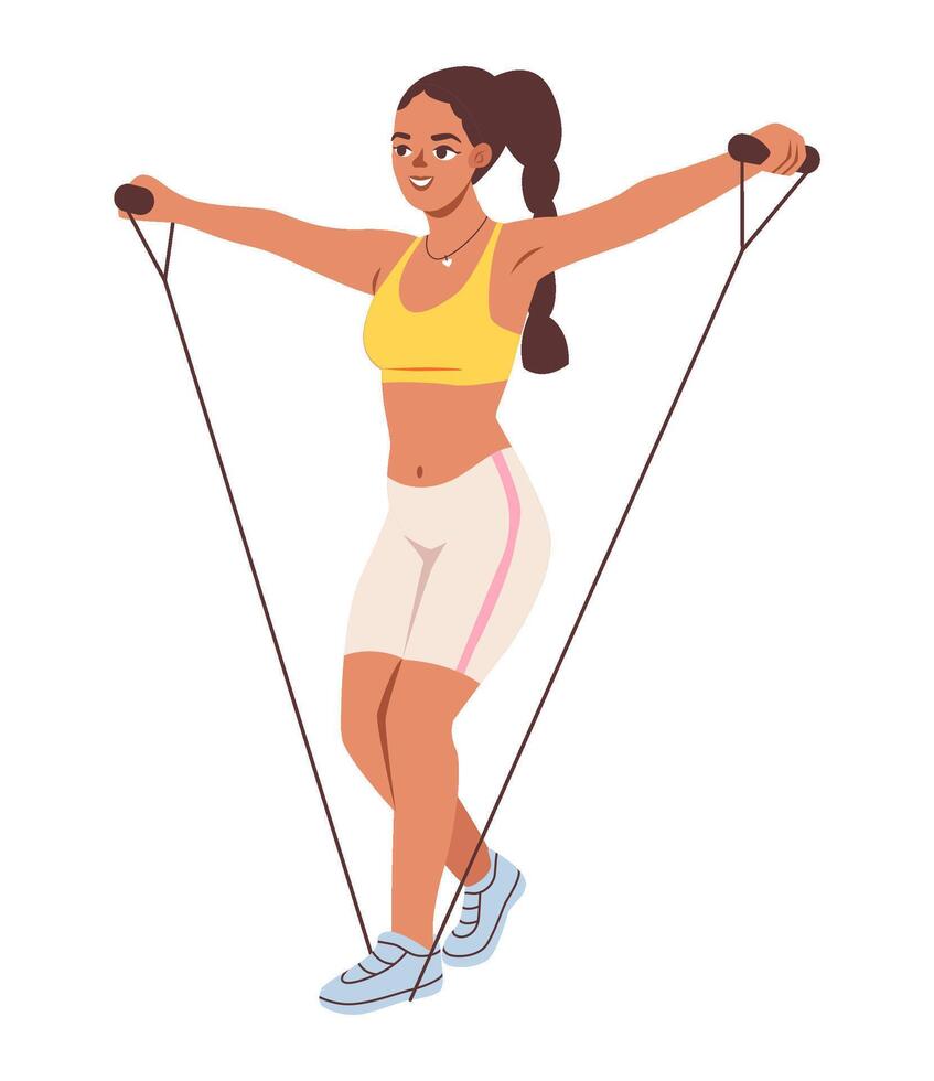 Woman stretching in a gym, focusing on strength and flexibility. Fitness, wellness and exercise. Flat illustration vector