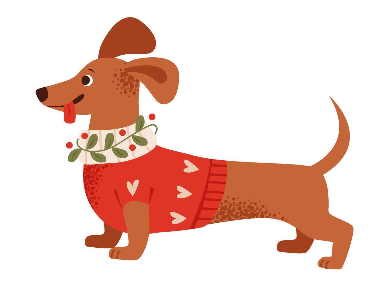 Cute dachshund dog in a festive sweater. Christmas costume on a pet. Flat illustration vector