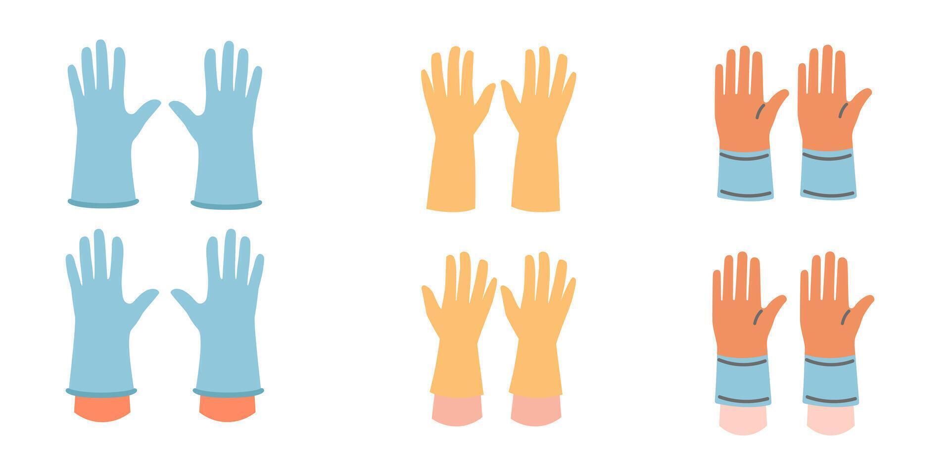 Collection of different rubber gloves. Hand in rubber gloves vector