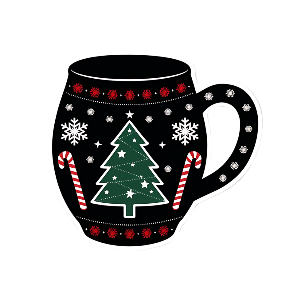 A mug with a christmas tree and candy canes png