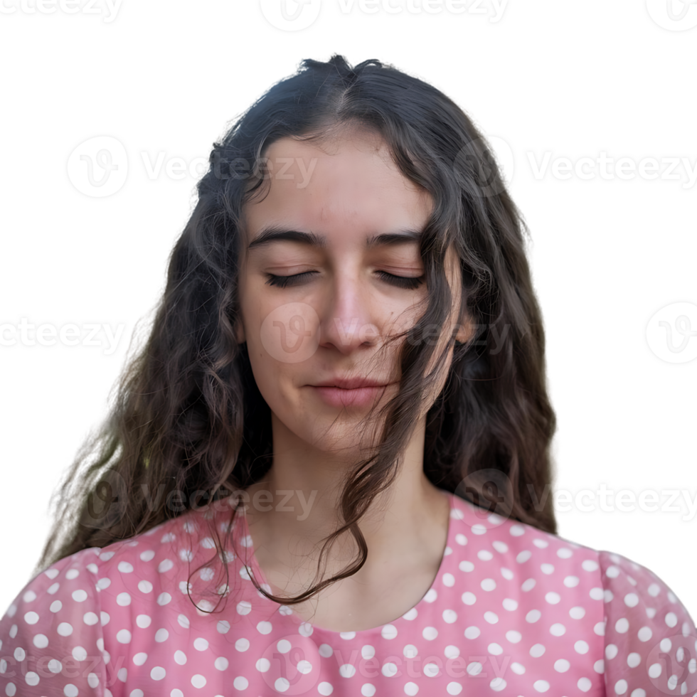 A woman with her eyes closed and a pink polka dot dress png