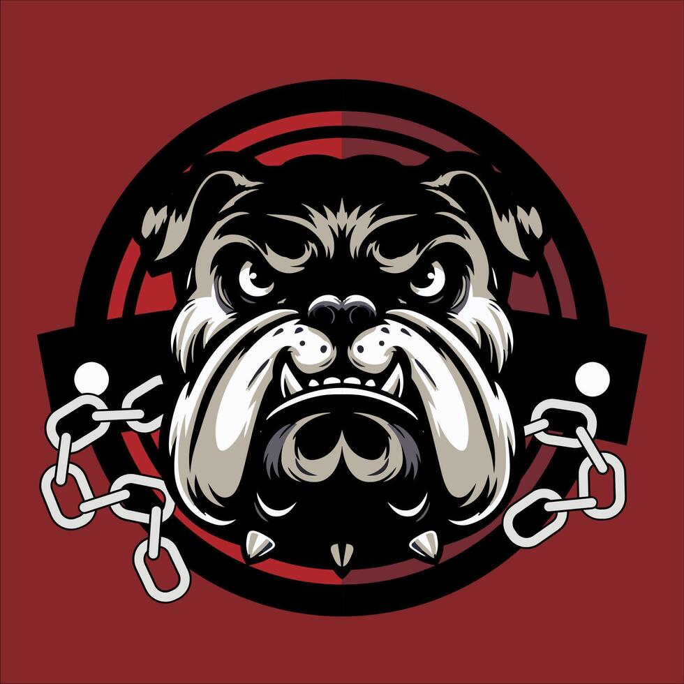 the head of a Silver Bulldog, in front of a red circle shield and chain. Can be used for business logos, kennel or other businesses. vector