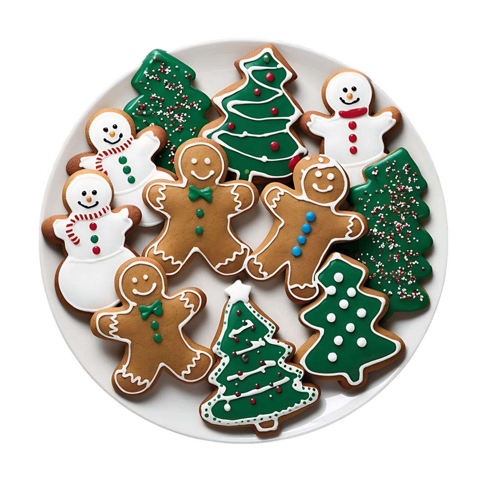 A plate of decorated cookies with christmas trees and snowmen png