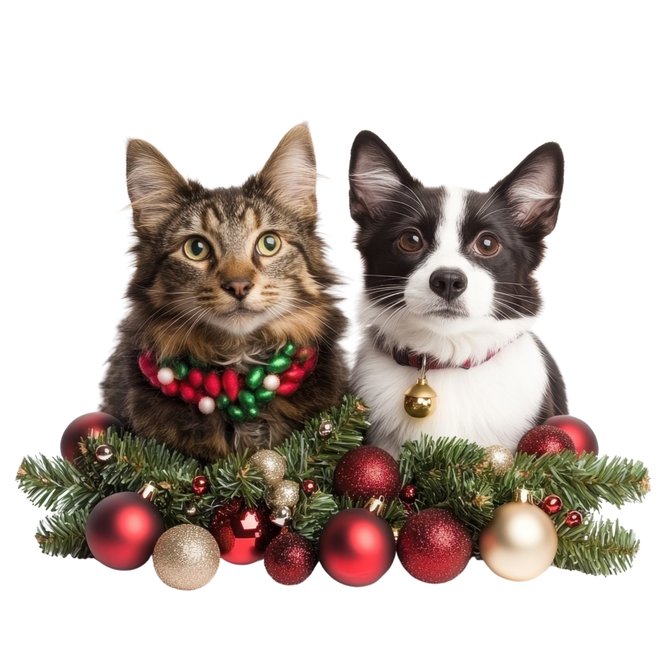 festive cat and dog wearing holiday collars sit among Christmas ornaments and greenery, creating joyful holiday scene png