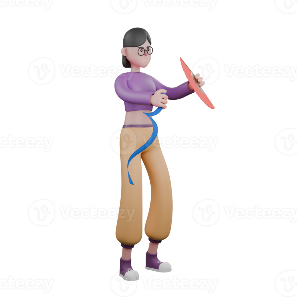 Dancer in 3D Cartoon Style. a female dancer stands with her right hand holding a blue rope while her left hand holds an open fan. Animated Character png