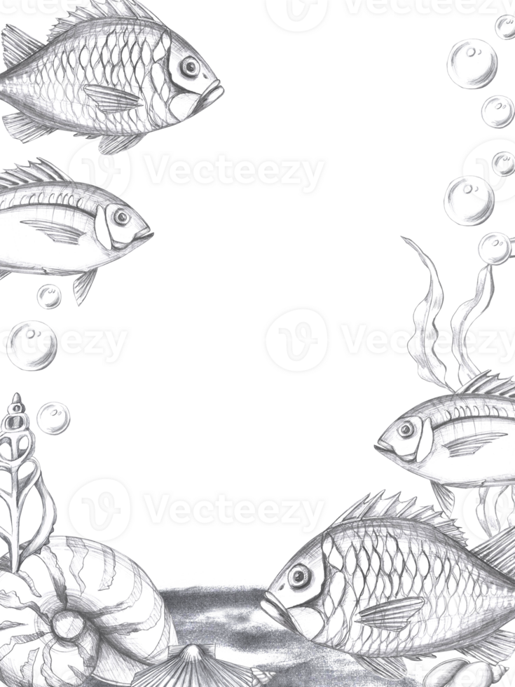 Vertical blank for menu or bar card of seafood restaurant with fish. Isolated pencil graphic illustration for postcards, invitations to sea party png