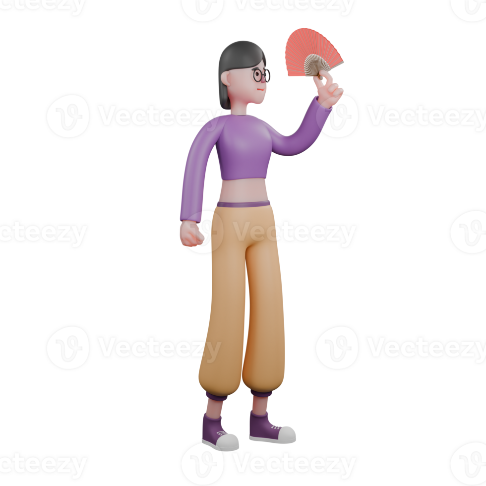 Energetic 3D Dancer Model. a female dancer stands with her left hand holding up an open fan. Cartoon Movement png