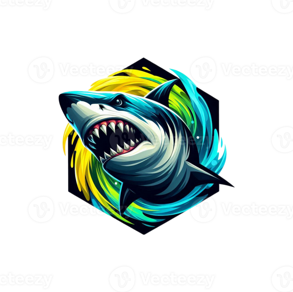 Creative logo design of shark with sharp teeth in a blue and yellow circle. png