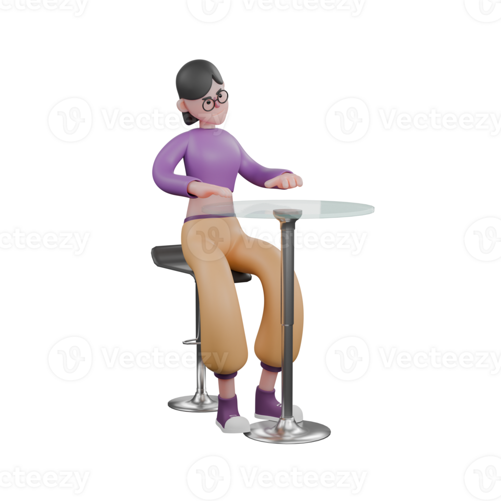 Expressive Cartoon Dance Performer. A female dancer sits behind a cafe table, hands on the table, head on tilt slightly with a confused expression. 3D Model png