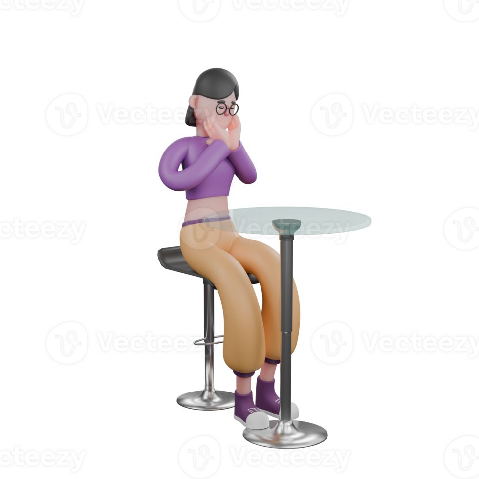 3D Dance Artist Model. A female dancer is sitting behind a table with a mirror facing the left corner and her hands holding her chin with a toothache expression. Performer Design tikar gulung png