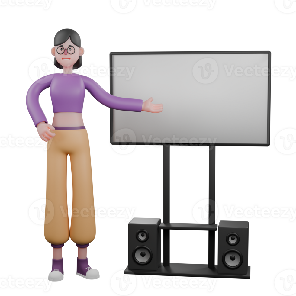 3D Animated Dancer Character. A female dancer is standing next to the television with her right hand on her waist and her left hand pointing at the television. Performance Artist png