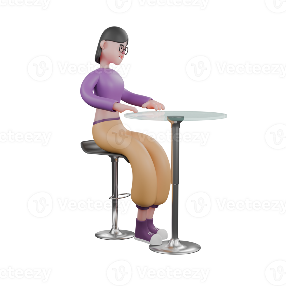 3D Cartoon Dance Character. A female dancer sits on a bar stool facing left with both hands on the round table in front of her. Performer png