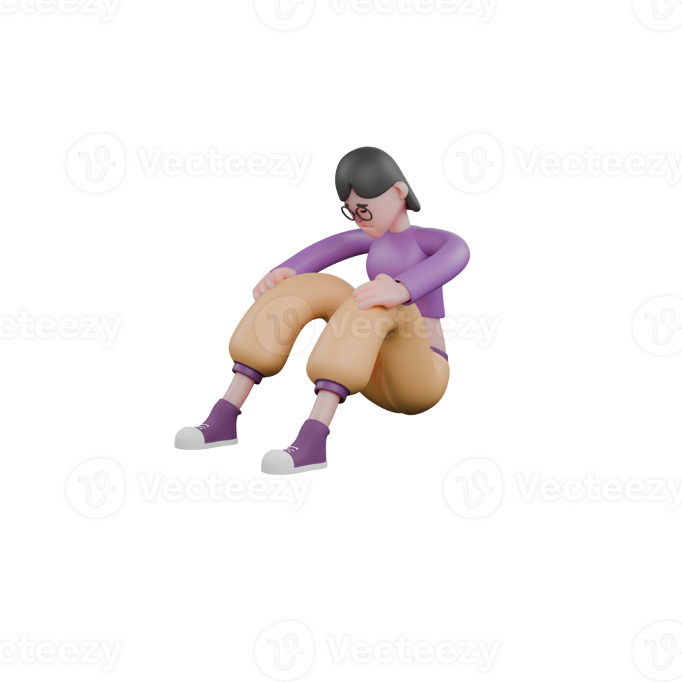 Vibrant 3D Cartoon Dancer. A female dancer sits on the floor with her hands on her knees with a disappointed expression. Engaging Performer png