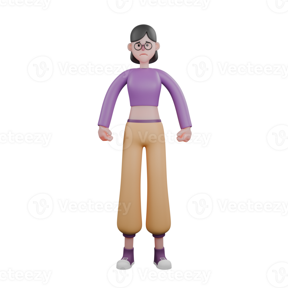 Lively 3D Cartoon Dancer. A female dancer stands with her hands clenched at her sides with a sad expression. Ready for Animation png