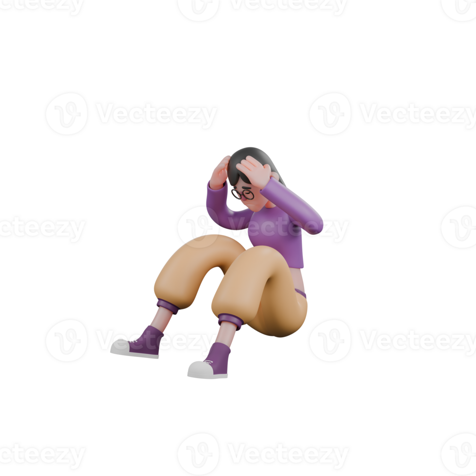 Expressive Dance Cartoon. A female dancer sits with both hands holding her head with a tired expression. 3D Character png