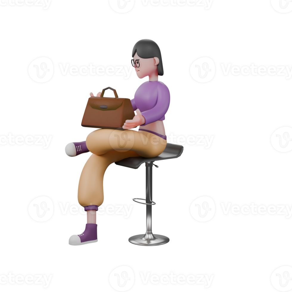 Colorful Cartoon Dancer. A female dancer is sitting on a bar stool with her left leg on top of her right leg while holding a briefcase on her lap. 3D Movement Model png