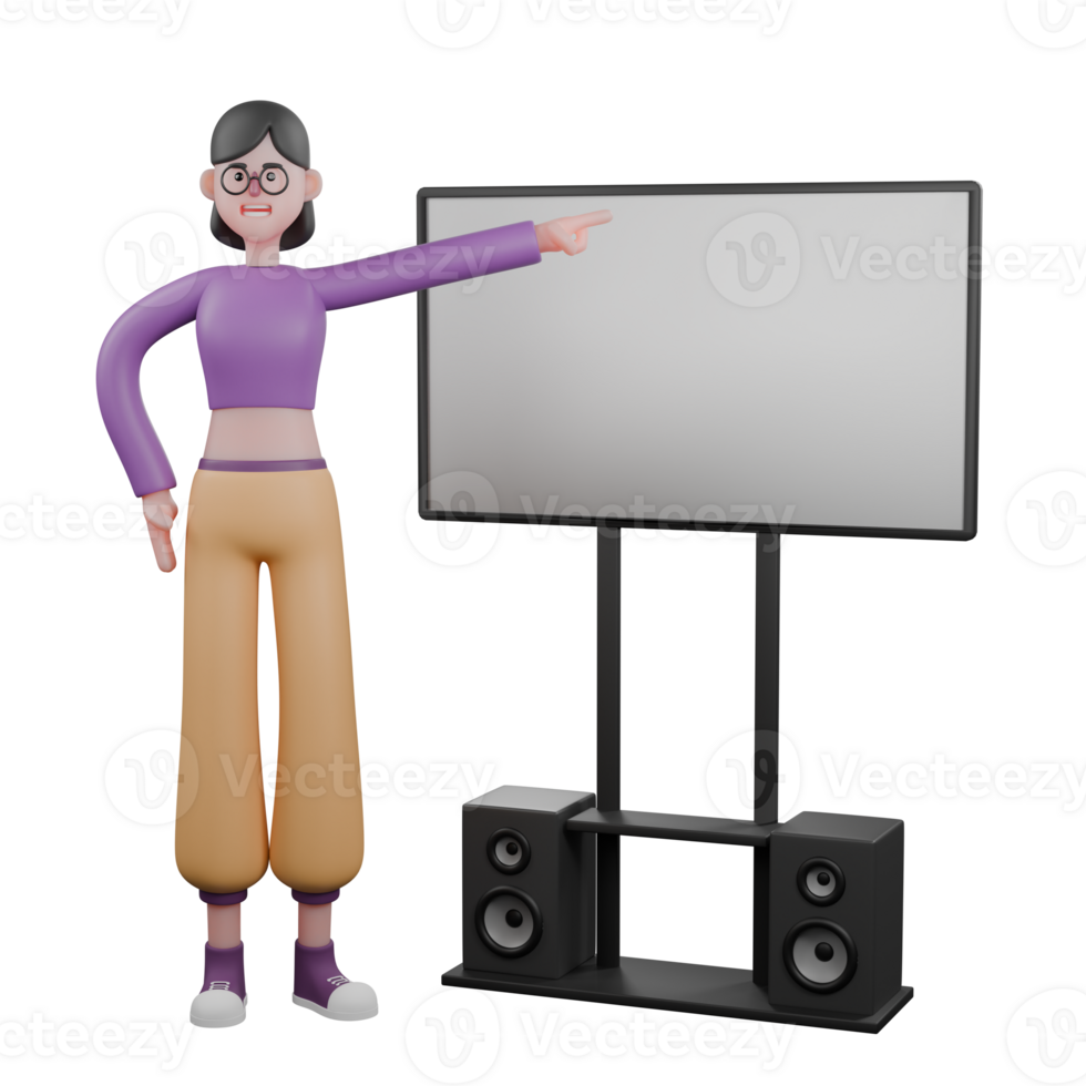 Dynamic Dancer in Cartoon Style. A female dancer stands beside a white screen, hands pointing at the screen with a happy expression. 3D Model png