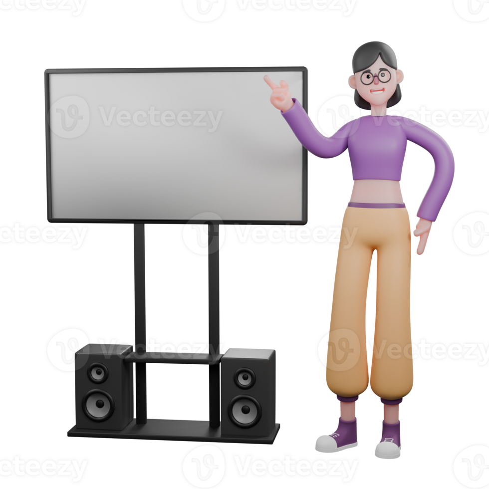 3D Dancer Illustration. A female dancer stands while pointing at a white board on the left. Performer Cartoon png