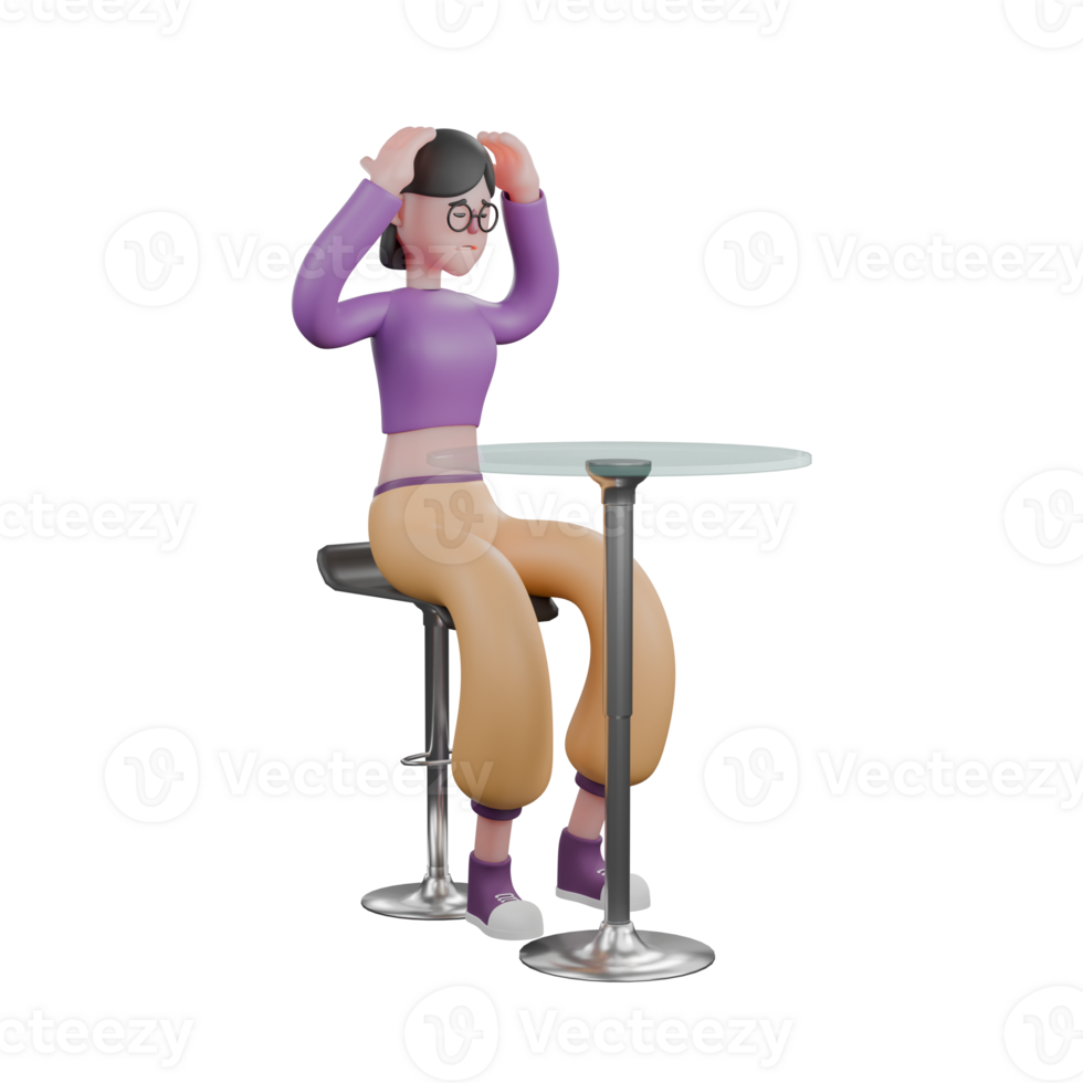 3D Animated Dance Artist. A female dancer sits on a bar stool facing to the left while both hands holding her head and in front of her is a round table, her expression is confused. Performance png