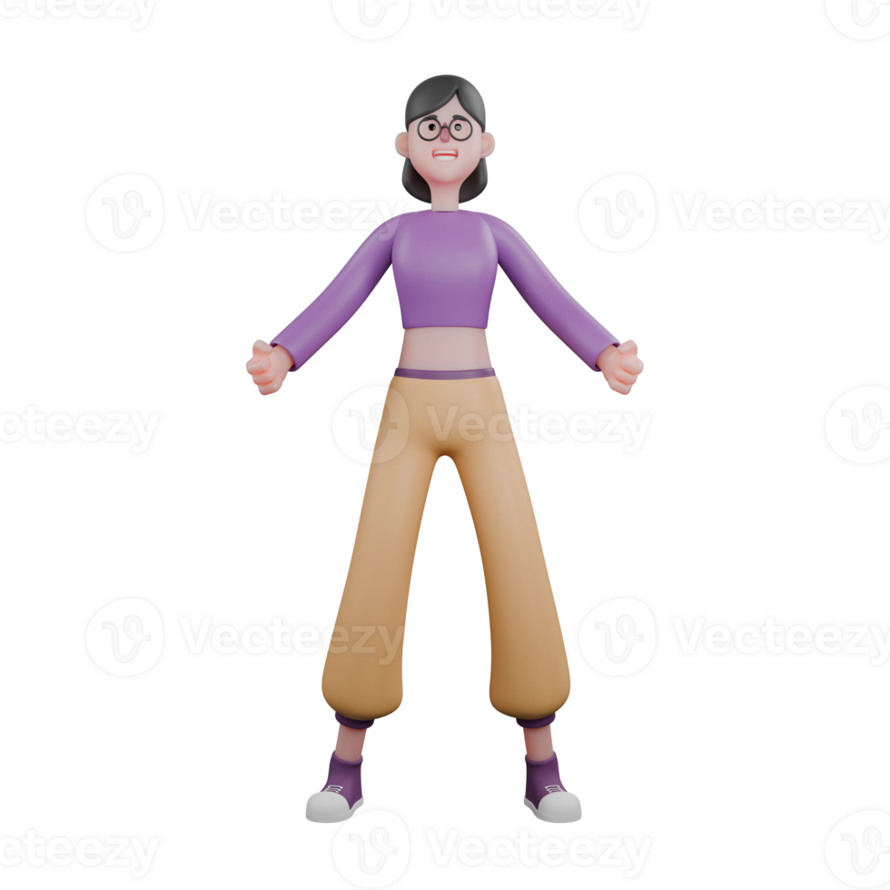 Cartoon 3D Dancer. A female dancer stands with both legs open and her hands are also open to each other. Creative Performer png