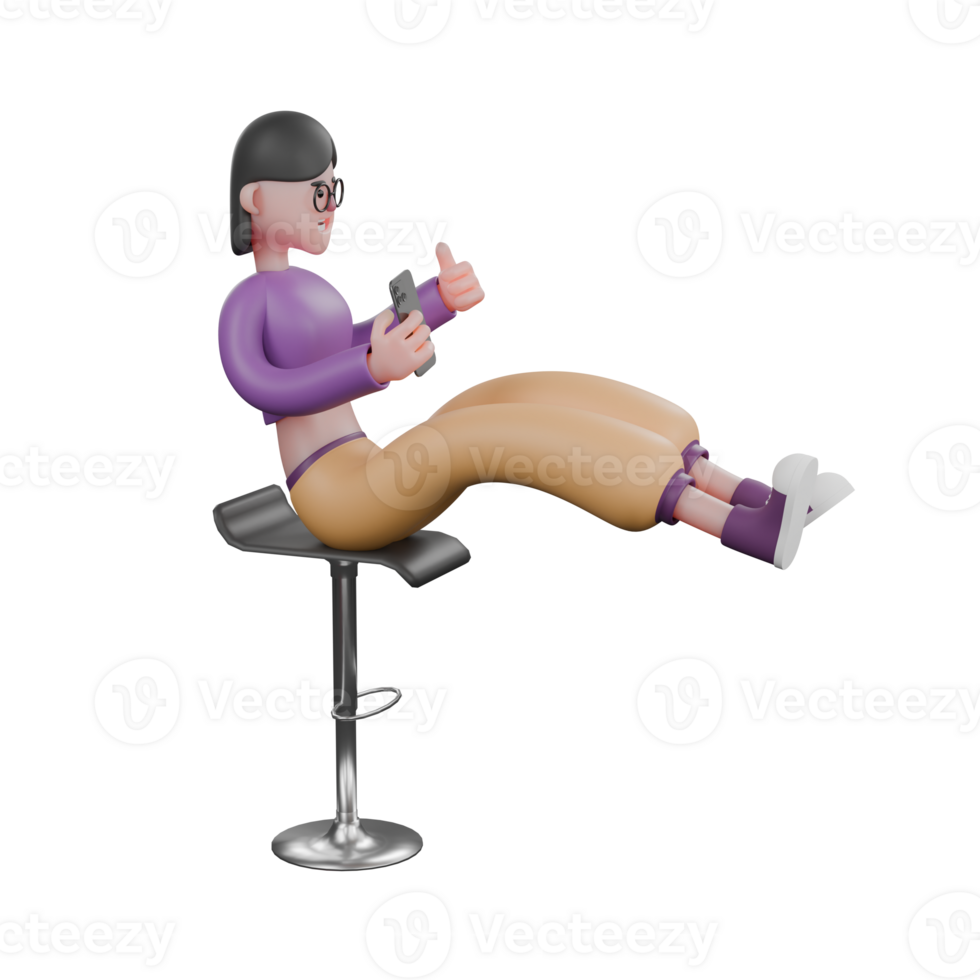 Illustrated Dancer Character in 3D. A female dancer sits on a bar stool facing left with her legs together while holding her phone in her right hand and sticking out her thumb with her left hand. png